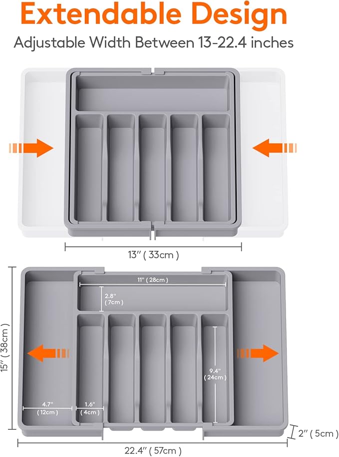 Lifewit Silverware Drawer Organizer, Expandable Utensil Tray for Kitchen, BPA Free Flatware and Cutlery Holder, Adjustable Plastic Storage for Spoons Forks Knives, 13-22 x 15", Grey - Image 3