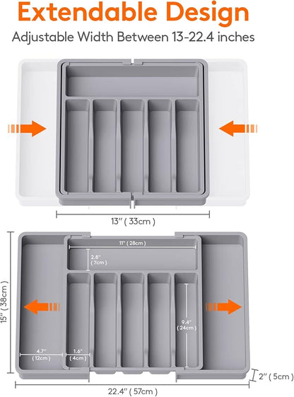 Lifewit Silverware Drawer Organizer, Expandable Utensil Tray for Kitchen, BPA Free Flatware and Cutlery Holder, Adjustable Plastic Storage for Spoons Forks Knives, 13-22 x 15", Grey - Image 3