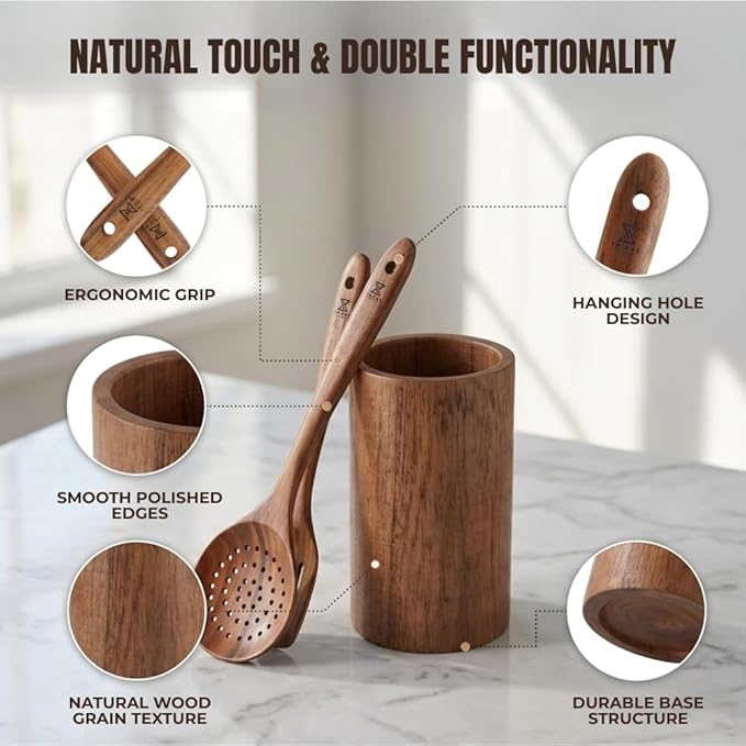 10 Pcs Wooden Utensil Set, 100% Natural Teak Wood Cooking Utensils with Spatula, Turner, Spoon Rest & Holder, Heat Resistant, Lightweight Wooden Spoons for Cooking, Safe for Nonstick Cookware - Image 2