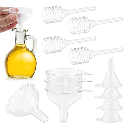 Mini Funnel Kit, 12-Piece Set: 8 Small Funnels (2 Sizes) + 4 Mini Droppers, Food-Grade PP Funnels for Filling Small Bottles, Oils, Spices and Perfume