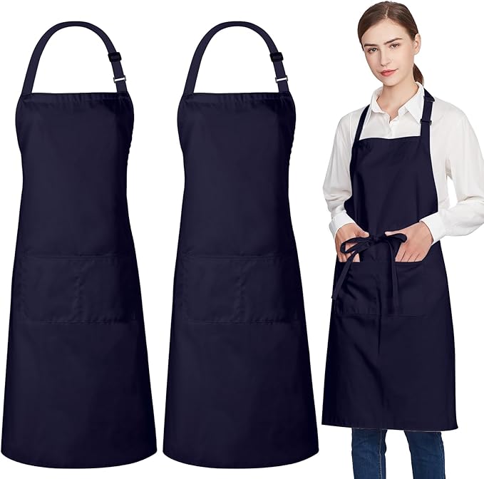 Jubatus 2 Pack 100% Cotton Aprons with 2 Pockets Cooking Chef Kitchen Adjustable Bib Apron for Women Men, Navy Blue by Jubatus