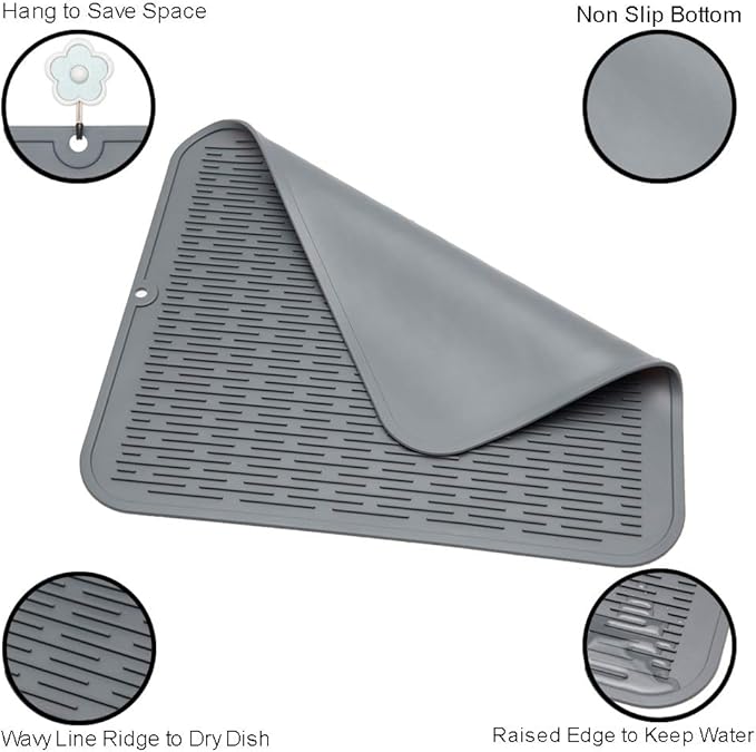 ZLR 2 Pcs Large Silicone Dish Drying Mat (16" x 18") - XL Heavy Duty Drainboard Mat for Pots, Pans & Family Loads - Heat Resistant Trivet & Counter Protector, Easy Clean (Dark Gray) - Image 4