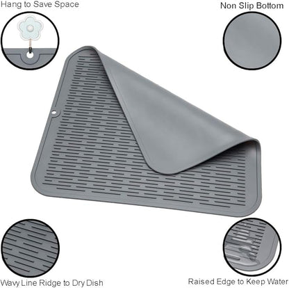 ZLR 2 Pcs Large Silicone Dish Drying Mat (16" x 18") - XL Heavy Duty Drainboard Mat for Pots, Pans & Family Loads - Heat Resistant Trivet & Counter Protector, Easy Clean (Dark Gray) - Image 4