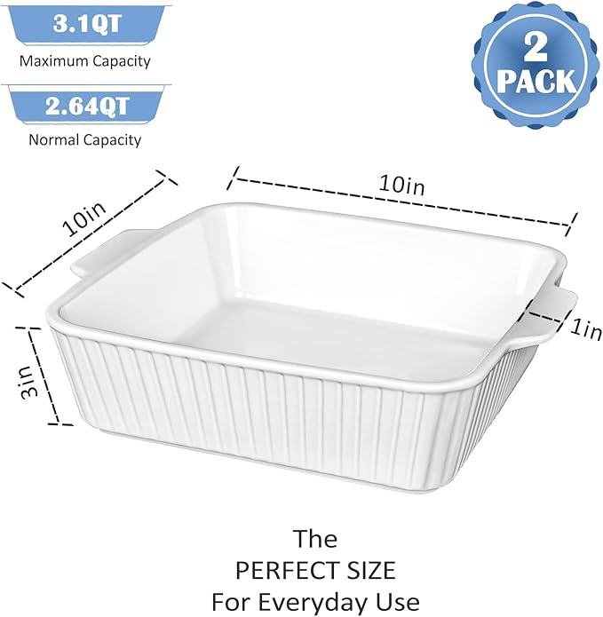10" Square Ceramic Casserole Dish Set of 2-2.6 Qt Deep Baking Dishes with Handles for Oven, Lasagna Pan for Casseroles Cake Bread, Microwave Dishwasher Safe Bakeware Set, White - Image 3