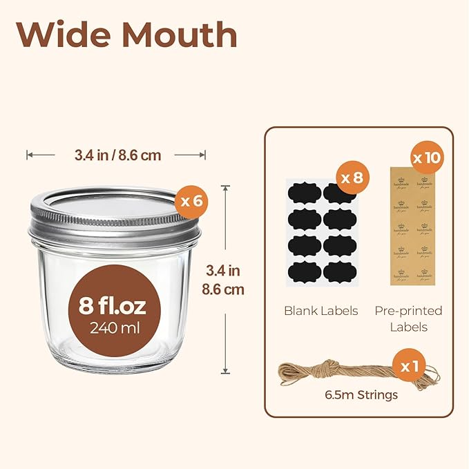 ComSaf Wide Mouth Mason Jars with Lids 8 oz 6Pcs, Half Pint Small Mason Containers, Canning Jars for Jam, Jelly, Meal Prep, Overnight Oats, Yogurt Parfait, Shower Wedding Favors, DIY Candles Decor - Image 2