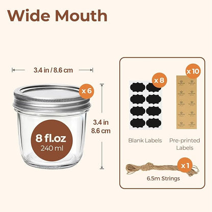 ComSaf Wide Mouth Mason Jars with Lids 8 oz 6Pcs, Half Pint Small Mason Containers, Canning Jars for Jam, Jelly, Meal Prep, Overnight Oats, Yogurt Parfait, Shower Wedding Favors, DIY Candles Decor - Image 2