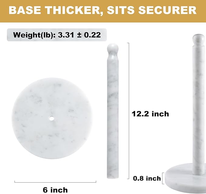 Koville Carrara Marble Paper Towel Holder Countertop, 6“ Genuine Stone Paper Towel Holder Stand for Kitchen Storage, for Standard or Jumbo-Sized Rolls - Image 2