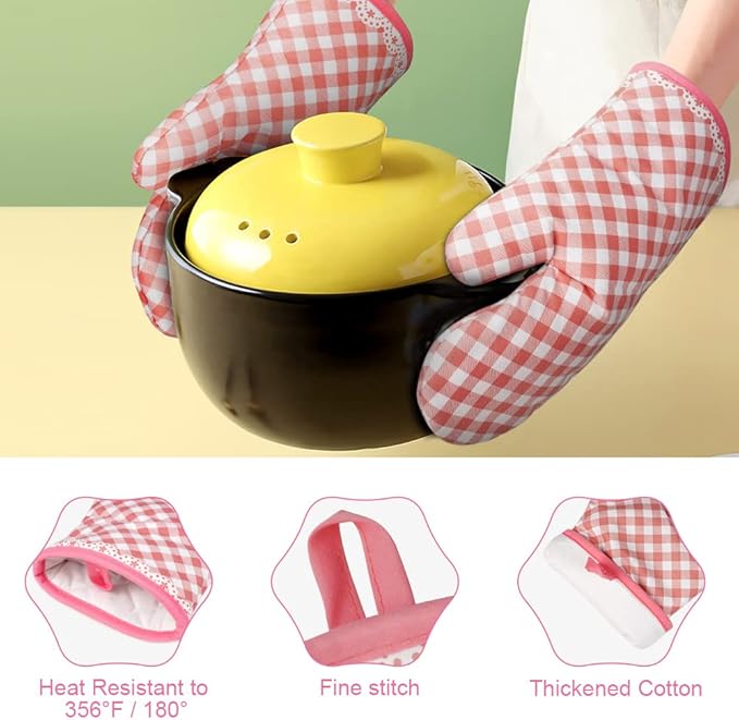 AUAUY Pink Oven Mitts, Kitchen Mittens, 392F Heat Resistant Non-Slip Gloves for Cooking, Baking, BBQ, Grilling - Cotton Infill, 1 Pair - Image 3