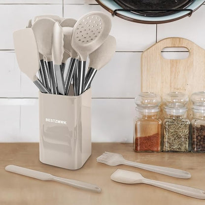 Kitchen Utensil Set-Silicone Cooking Utensils-33 Kitchen Gadgets & Spoons for Nonstick Cookware-Silicone and Stainless Steel Spatula Set-Best Kitchen Tools, Useful Pots (Khaki) - Image 3
