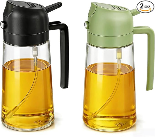 Aovdy Oil Sprayer for Cooking 16oz,2 in 1 Olive Oil Dispenser and Oil Sprayer - 470ml Olive Bottle Spray and Pour - Glass Oil Dispenser for Kitchen Cooking Salad BBQ (2PCS-Black & Green)