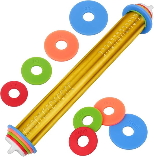 Adjustable Rolling Pins for Baking, Stainless Steel Rolling Pin with Thickness Rings, Metal Dough Roller for Fondant Cookies Pastry Pizza Pasta, Measuring Rolling Pin Baking Tools for Cake Baker, Gold by BIDFUL