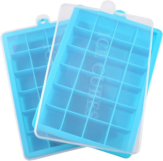 Ice Cube Tray, Silicone Square Ice Trays Easy Release Stackable Ice Cube Mold with Removable Lid, 24 Cavity (2 Pack, Sky Blue)