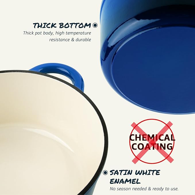 Overmont Enameled Cast Iron Dutch Oven - 4.5QT Pot with Lid Cookbook & Cotton Potholders - Heavy-Duty Cookware for Braising, Stews, Roasting, Sourdough Baking blue - Image 8