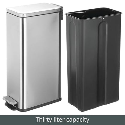 mDesign Slim Metal Rectangle 7.9 Gallon Trash Can with Step Pedal, Easy-Close Lid, Removable Liner - Narrow Wastebasket Garbage Container Bin for Bathroom, Bedroom, Kitchen, Office - Brushed Chrome