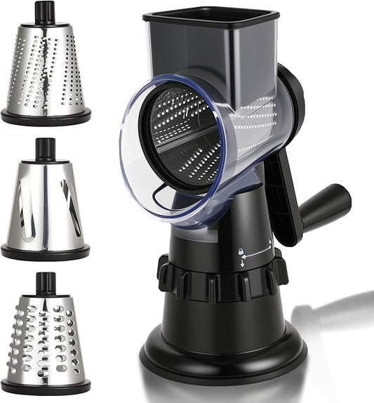 Rotary Cheese Grater Hand Crank, Vegetable Slicer with 3 Blades, Stable Suction, Labor-Saving Handle, Cheese Shredder for Potato Vegetables Nuts Chocolate, Black