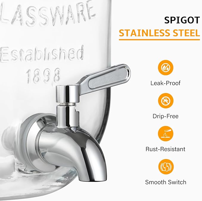 2 Gallon Glass Beverage Dispenser, 18/8 Stainless Steel Spigot and Lid - Glass Drink Dispensers for Parties - Mason Jar Drink Dispensers with Lids - Laundry Detergent Holder - Image 3
