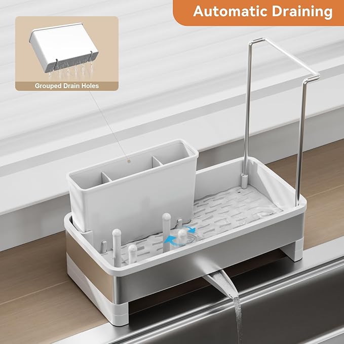 Laveshop Sponge Holder for Kitchen Sink, Rustproof Stainless Steel Sink Caddy with Auto-Drain, Removable Brush Holders, Soap and Dishcloth Organizer, White - Image 3