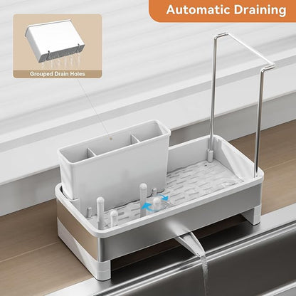 Laveshop Sponge Holder for Kitchen Sink, Rustproof Stainless Steel Sink Caddy with Auto-Drain, Removable Brush Holders, Soap and Dishcloth Organizer, White - Image 3