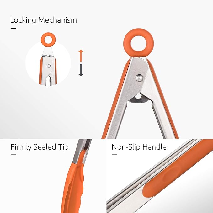 Kitchen Tongs, U-Taste 7/9/12 inches Cooking Tongs, with 600ºF High Heat-Resistant Non-Stick Silicone Tips, 18/8 Stainless Steel Handle, for Food Grill, Salad, BBQ, Frying, Serving, Pack of 3(Orange) - Image 6
