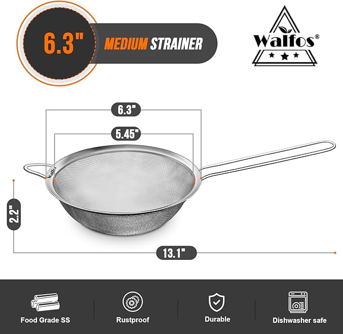 Walfos 6.3 Inch Fine Mesh Strainer, Premium Stainless Steel Sieve and Sifter with Handle, Kitchen Metal Strainers for Rice, Quinoa, Fruits, Noodles, Flour - Image 5