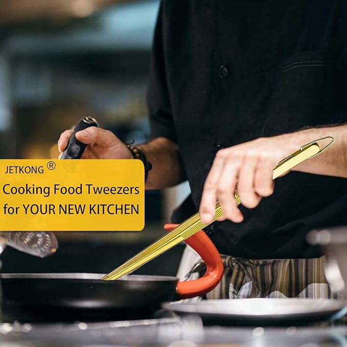 JETKONG 2 Pcs 12-Inch Cooking Tweezers Stainless Steel Food Tweezers Kitchen Tweezer Tongs (Gold) - Image 3