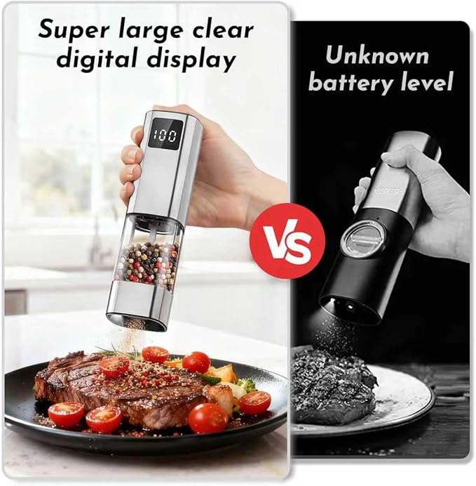 Upgraded Larger Capacity Electric Salt and Pepper Grinder Set Rechargeable with Digital Display, Light & Ceramic Core, Adjustable Coarseness, Stainless Steel Material Sliver 2 Pack - Image 2