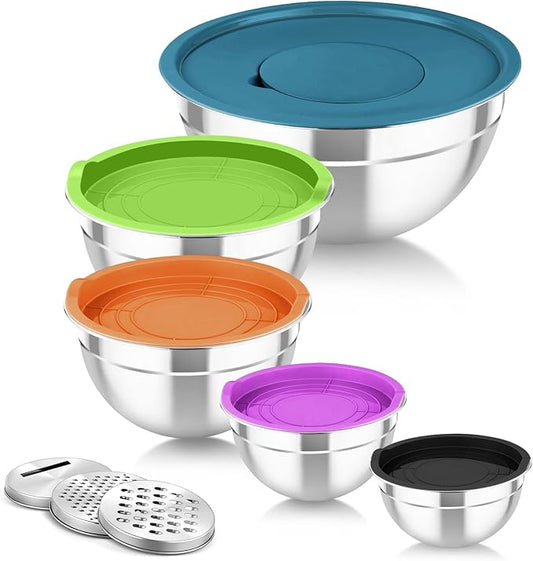 TeamFar Mixing Bowls with Lids, 5PCS Stainless Steel Metal Salad Bowl with 3 Grater Attachments, for Cooking, Prepping, Serving, Healthy, Airtight Lids & Easy Clean - 0.7/1 / 1.5/2.6/4.6QT by TeamFar