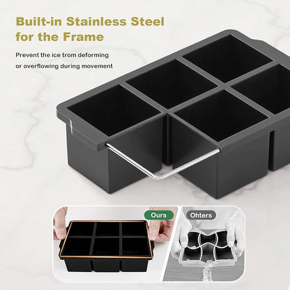 Large Ice Cube Tray for Whiskey, silicone ice cube trays with lid, Enhanced Stability with Built-in Steel Ring, 2inch Huge Cubed ice cube molds, Stackable, Easy Release, Dishwasher Safe(2Pack,Black)