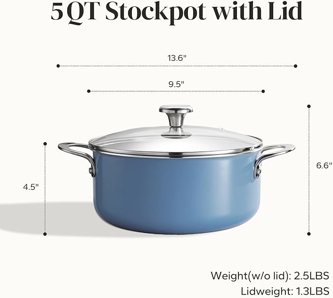 Redchef Ceramic Stock Pot, Induction Cooking Pot with Glass Lid for Soup, 5Qt Stockpot Nonstick Soup Pot, Even Heating, Stay-Cool Handles,Fits All Stoves, Oven/Dishwasher Safe, PFAS Free (Blue) - Image 6