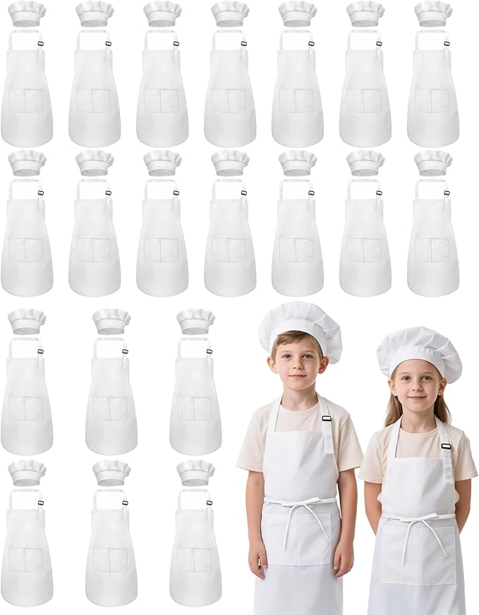 Kids Apron and Chef Hat Set, 40 Pieces Boys Girls Kids Apron with 2 Pockets Adjustable for Cooking Classroom Baking Painting, 6-13 Years, White
