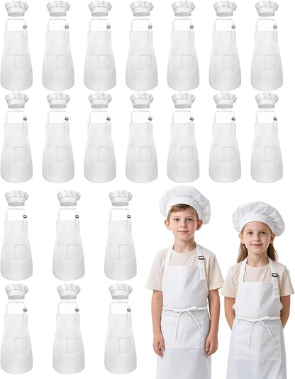 Kids Apron and Chef Hat Set, 40 Pieces Boys Girls Kids Apron with 2 Pockets Adjustable for Cooking Classroom Baking Painting, 6-13 Years, White