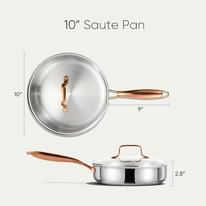 CAROTE 10" Tri-Ply Stainless Steel Deep Frying Pan with Lid, Non-Toxic Saute Pan, Oven Safe, Induction, Ceramic and Gas Cooktops Compatible, Silver - Image 2