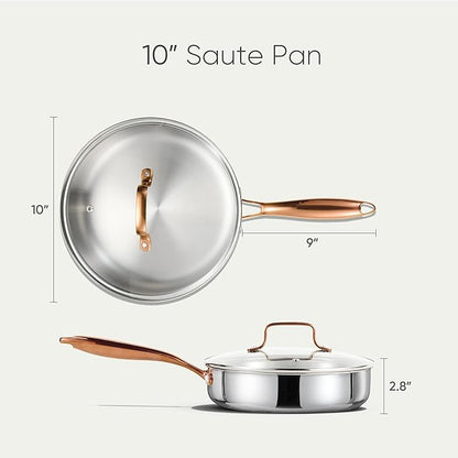 CAROTE 10" Tri-Ply Stainless Steel Deep Frying Pan with Lid, Non-Toxic Saute Pan, Oven Safe, Induction, Ceramic and Gas Cooktops Compatible, Silver - Image 2