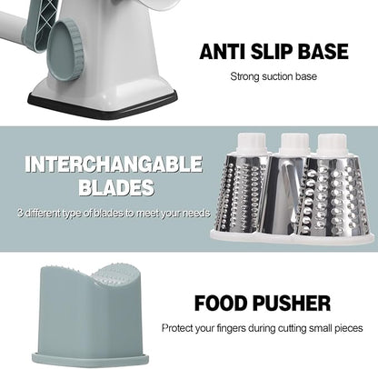 Cheese Grater Cheese Shredder with 3 Interchangeable Blades, Rotary Cheese Grater Manual Vegetable Slicer with Non-slip Suction Base Peanut Nuts Grinder Vegetable Shredder White - Image 6