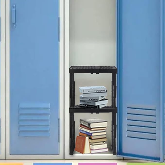 Svartur Locker Shelf Adjustable Height and Width, Locker Organizer for Work, Locker Shelves for School Locker, Stack-able Locker Stand Tools for Gym Locker, Locker Accessories Stuff, Black, Pack of 2