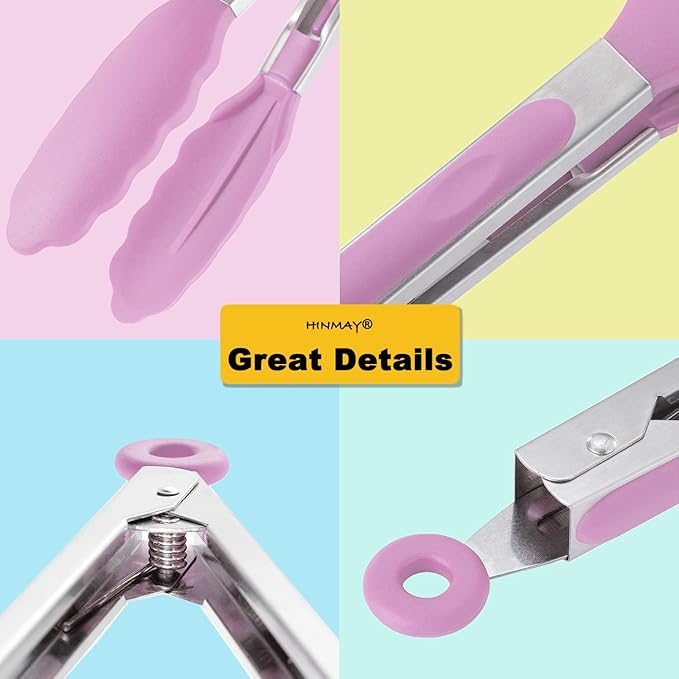 HINMAY Serving Tongs with Silicone Tips 9 Inches Stainless Steel Food Tongs, Set of 3 (Pink) - Image 4