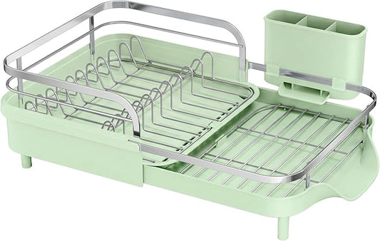 SAYZH Dish Drying Rack - Expandable Dish Rack for Kitchen Counter, Rust-Resistant Dish Drainer with Utensil Holder and Raised Guardrail, Kitchen Organizer for Cup and Bottle (Green) by SAYZH