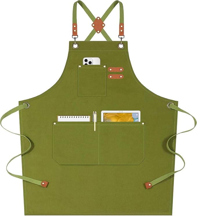 AFUN Chef Aprons for Women Men with Oversized Pockets, 12-Ounce Cotton Canvas Cross Back Water Repellent Apron (Army Green) by BringYouaFun