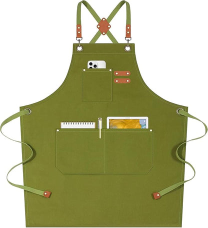 AFUN Chef Aprons for Women Men with Oversized Pockets, 12-Ounce Cotton Canvas Cross Back Water Repellent Apron (Army Green) by BringYouaFun