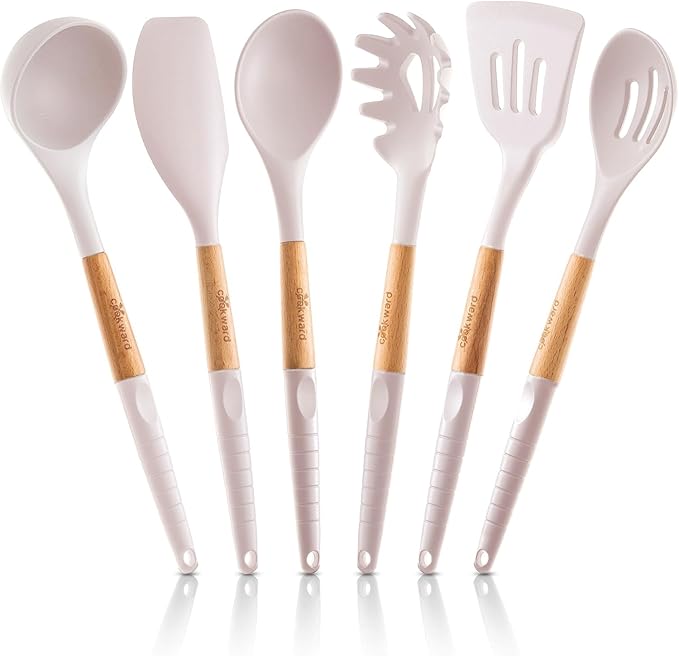 Silicone Cooking Utensils Set 6 Piece – Heat Resistant up to 480°F, BPA Free & Non-Scratch Kitchen Tools with Natural Wood Handles, White by cookward