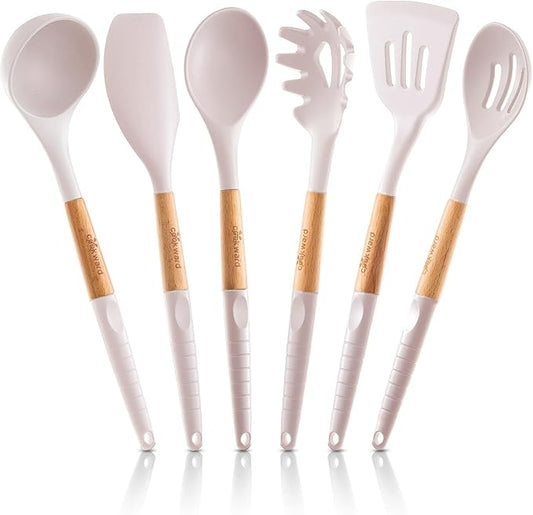 Silicone Cooking Utensils Set 6 Piece – Heat Resistant up to 480°F, BPA Free & Non-Scratch Kitchen Tools with Natural Wood Handles, White by cookward