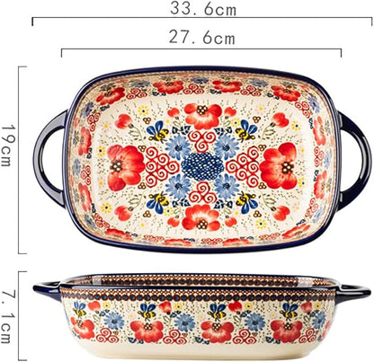Vintage Flowers Style Ceramic Bakeware Casserole Dish Baking Pan Lasagna Pans Baking Dish with Handles for Oven/Cooking/Kitchen-1 PCS-Red Flowers-60 OZ - Image 2