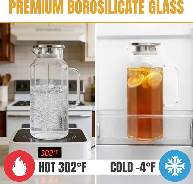 2 Pack 2 Liters/68 oz Octagon Glass Water Pitcher with Lid and Spout, Water Pitchers with Handle for Fridge, Borosilicate Glass Carafe for Hot/Cold Drink, Extra Large Jug for Iced Tea, Coffee.