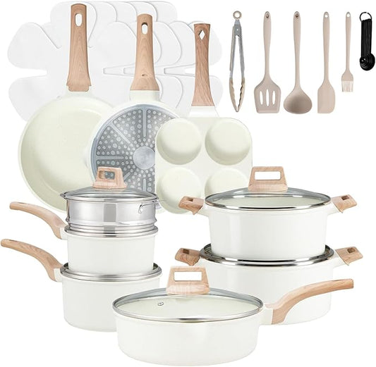 25 Pcs Pots and Pans Set, Nonstick & Non-Toxic Healthy Pots and Pans, Heat-Resistant Handles, Induction Cookware Sets with Frying Pans, White