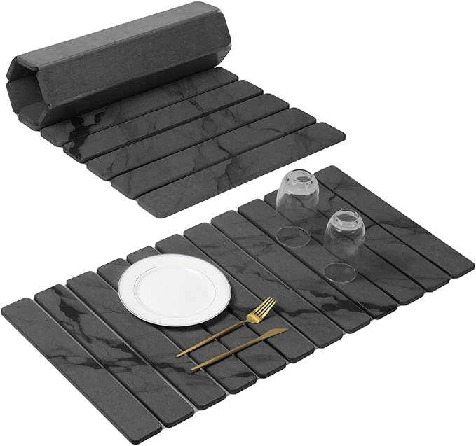 Extra Large Stone Dish Drying Mat for Kitchen Counter, Quick Dry Stone Dishes Mats, Foldable Water Absorbing Diatomaceous Drying Pad for Countertop Bottles Utensils Cups Bathroom(Dark Gray 32"×16"） by linidcoudhome