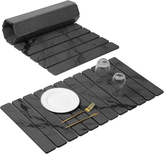 Extra Large Stone Dish Drying Mat for Kitchen Counter, Quick Dry Stone Dishes Mats, Foldable Water Absorbing Diatomaceous Drying Pad for Countertop Bottles Utensils Cups Bathroom(Dark Gray 32"×16"） by linidcoudhome