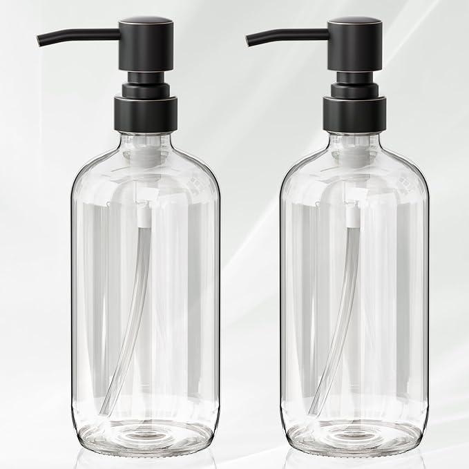 AmazerBath Glass Soap Dispenser, 2-Pack Clear Glass Soap Dispenser with Pump Bronze Rustproof, 17 Oz Bathroom Hand Soap Dispenser Bottle for Liquid Lotion, Kitchen Dish Soap Dispenser by AmazerBath