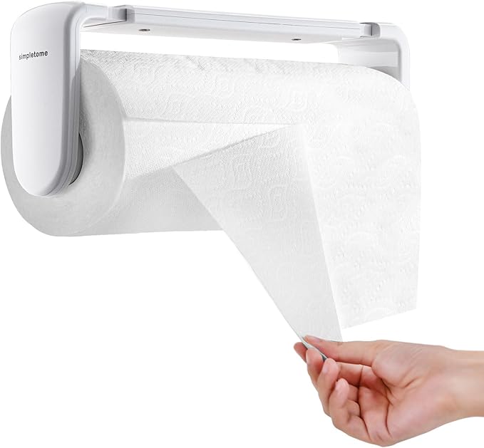 simpletome Paper Towel Holder ONE Hand Tear Adaptive Tension Arm Adjustable Length 9.4-11inch/24-28cm (White) by simpletome