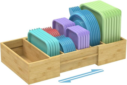Retro Shaw Lid Organizer for Cabinet, Bamboo Expandable Kitchen Organizer with 3 Adjustable Dividers for Plastic Lids, Large Food Storage Container Lid Holder for Drawer, Countertop, Pantry