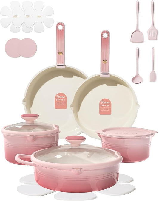 CAROTE 20Pcs Titanium Cookware Set, Pots and Pans Set Non Stick, Kitchen Cooking Set with Detachable Handle, Non Toxic Induction Cookware, Dishwasher/Oven Safe Pink by CAROTE